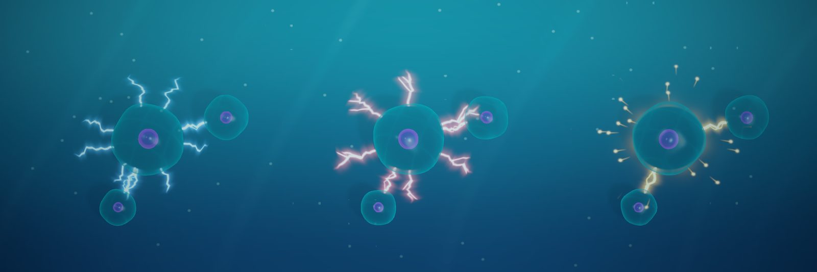 A moment from the game: the electric fields of three cells shocking the enemies around them.