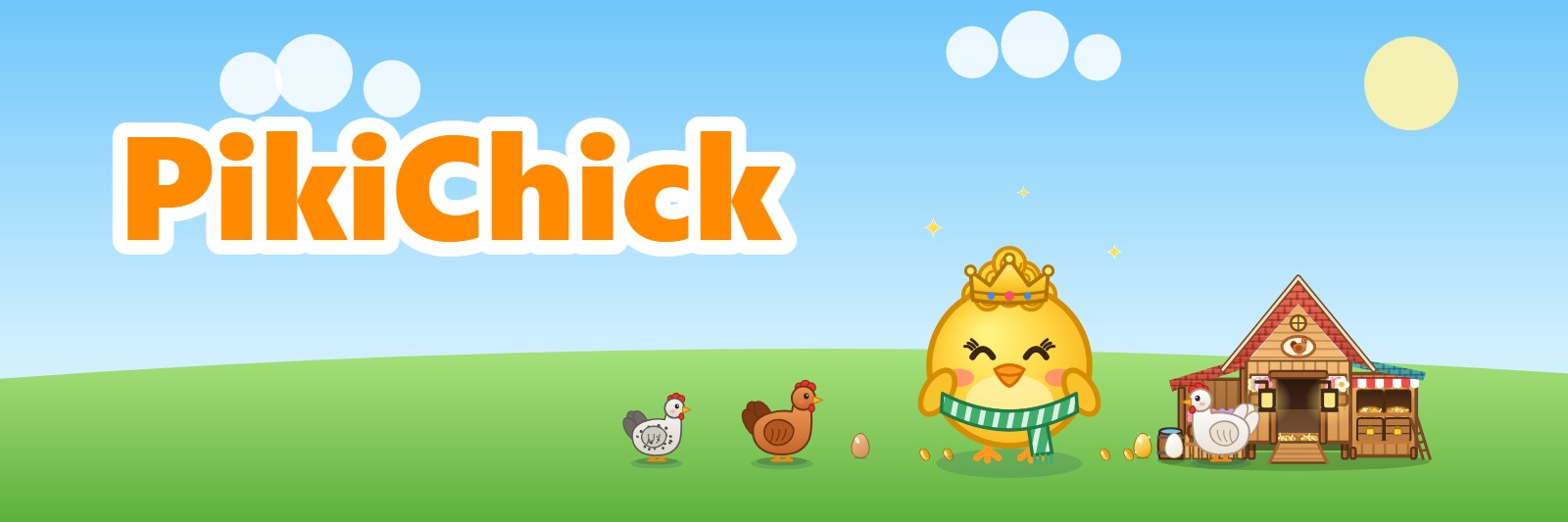 A moment from the game: a chick wearing a crown and a scarf on the grass, with hens, eggs and a coop house nearby.